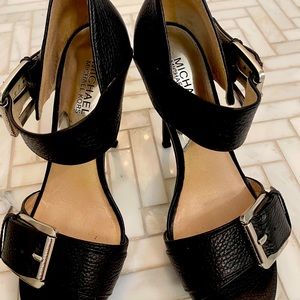 Michael Kors Black Leather High Heels with Silver Buckle detail - Size 8